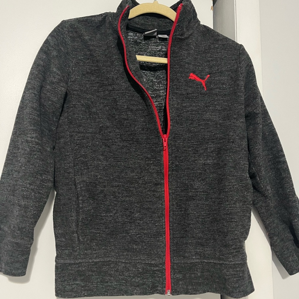 Puma jacket youth Large, gray and red fleece full Zip, long sleeve mock.